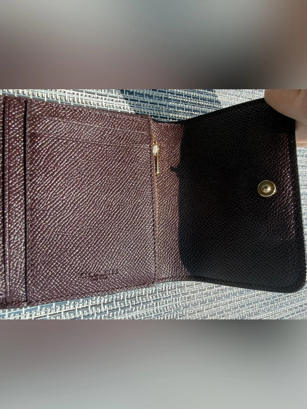 Coach metallic purple trifold button wallet